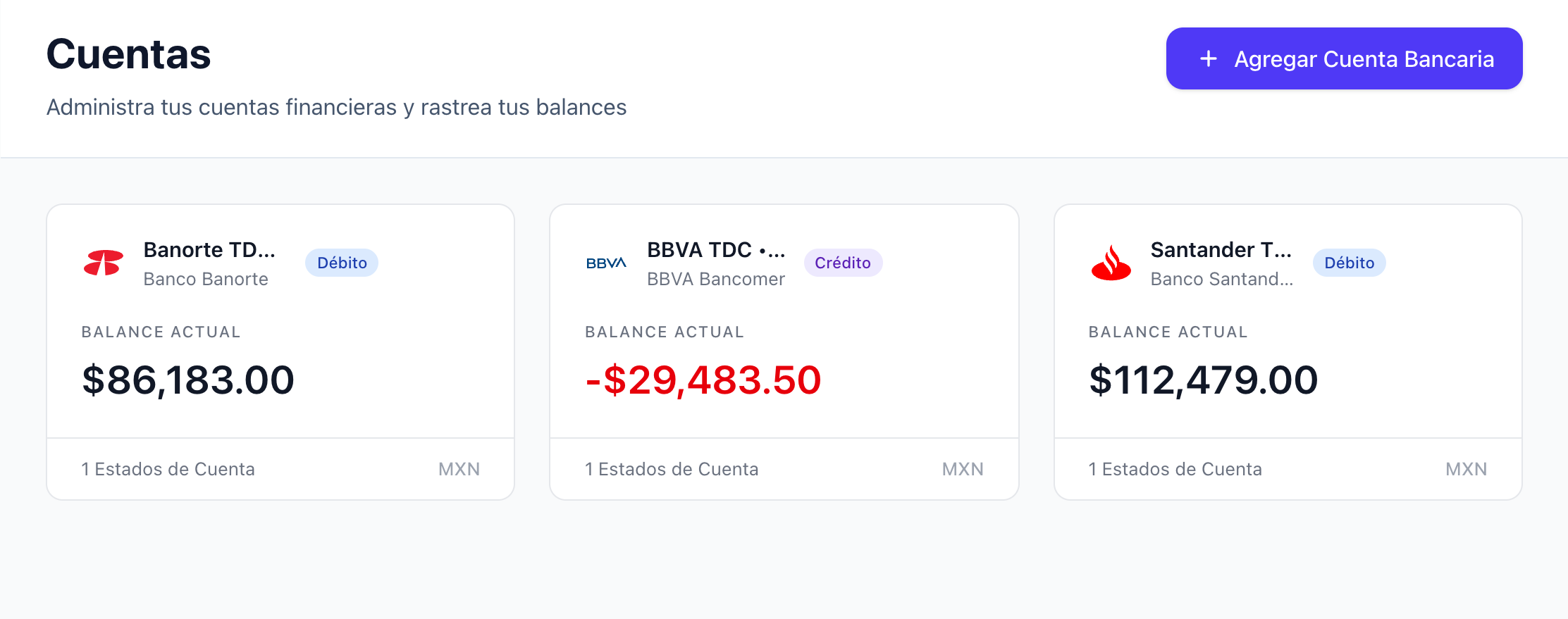 Vista de cuentas bancarias de Vittio