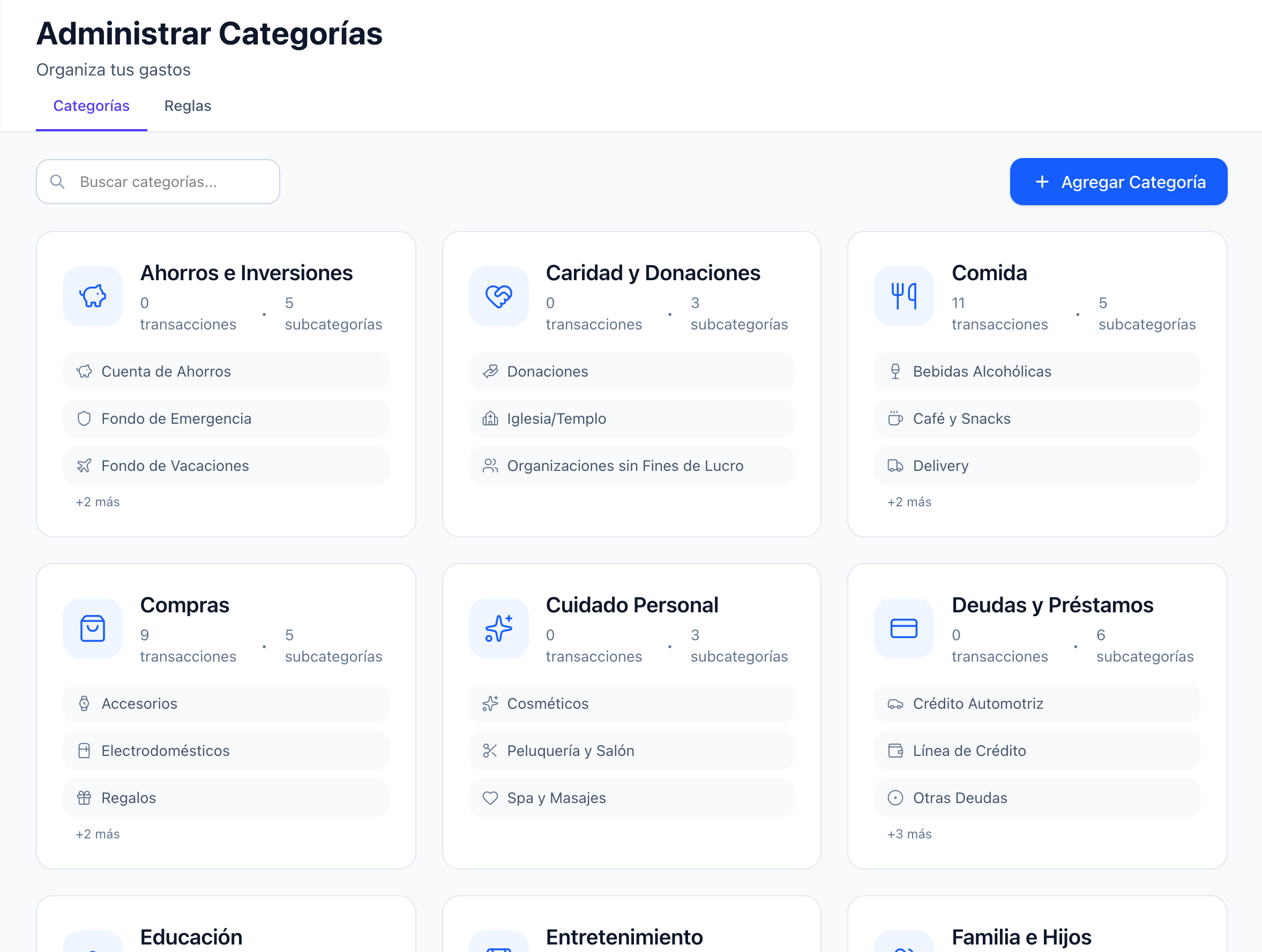 Vista de categorías de Vittio