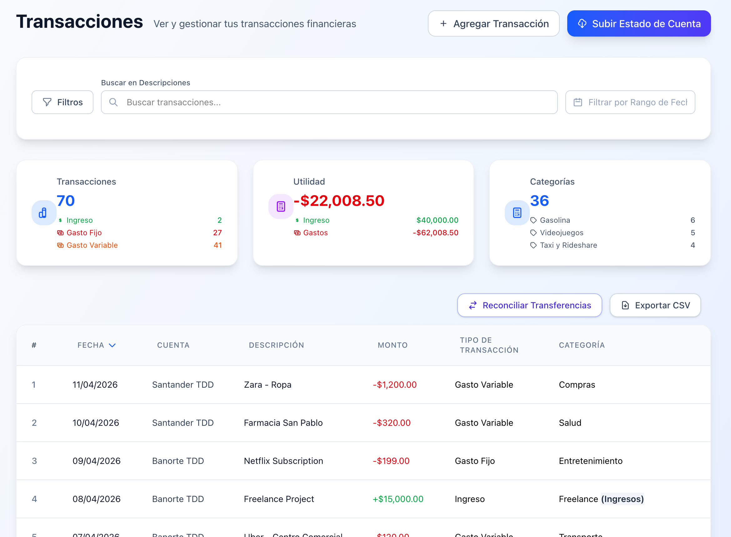 Vista de transacciones de Vittio