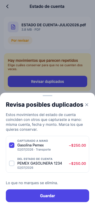 La revisión de duplicados en la app